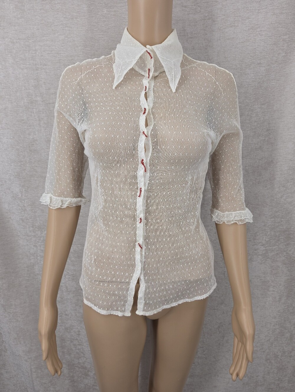 Gianni Versace Couture Vintage Sheer White Dot Lace Mesh Genuine Red Coral Top